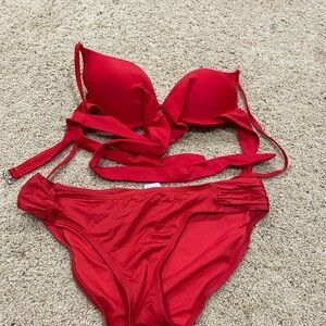 Kona Sol Red Bikini Set Underwire Ruched Bottoms Two Piece Swimsuit Medium-282